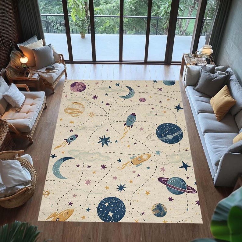 Space Themed Kids Rug: Galaxy Map With Rockets, Planets, Stars - Etsy
