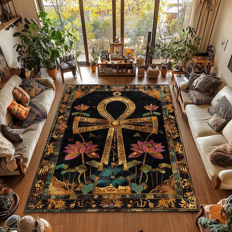 Egyptian Ankh & Lotus Flower Rug: Mystical Home Decor - Etsy