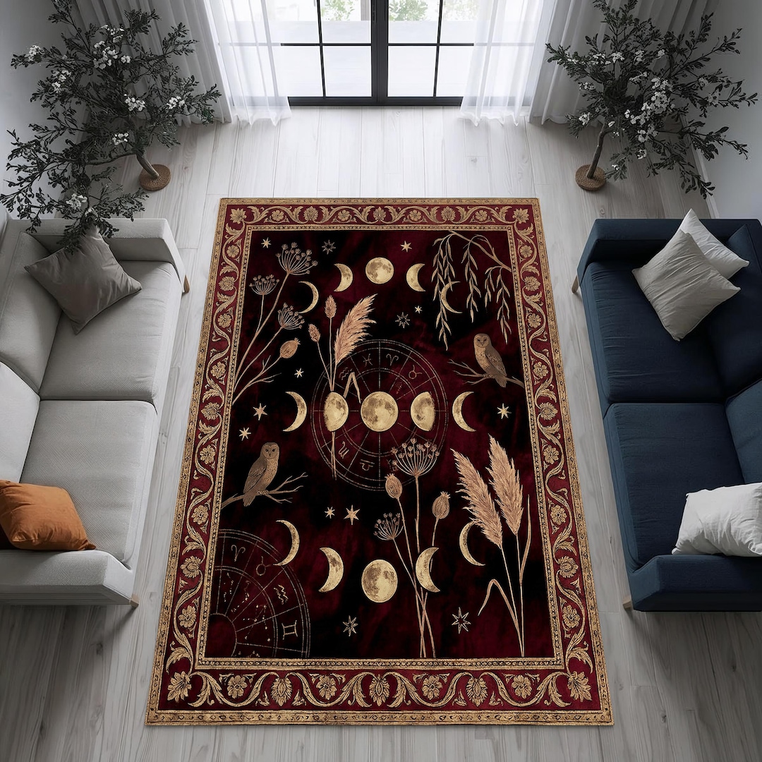 Zodiac Sign Rug Burgundy Zodiac Moon Phase Area Rug, Astrology Altar Decor Carpet ...