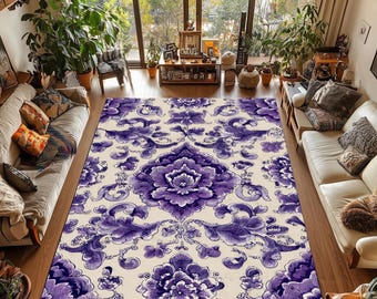 Vintage Floral Rug: Purple Cream Baroque Design, Non-Slip, Machine Washable