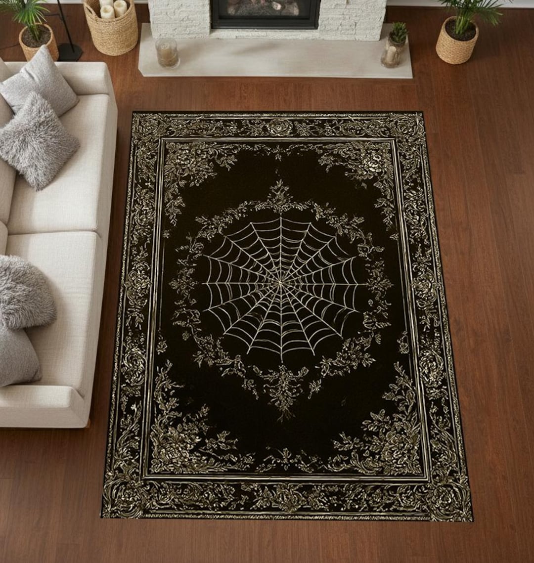 Vortex Spider Web Rug Ornate Gothic Spider Web Rug With Antique Floral Frame Design in Dark ...