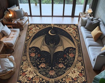 Vintage Gothic Bat Rug, Crescent Moon and Stars, Dark Academia Decor