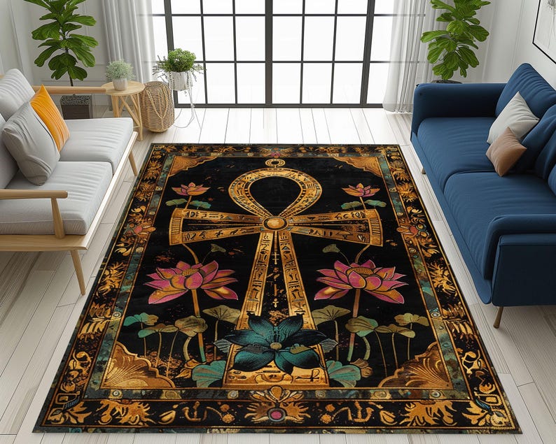 Egyptian Ankh & Lotus Flower Rug: Mystical Home Decor - Etsy
