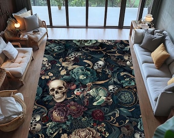 Skull Floral Rug: Gothic Botanical Baroque Design - Washable Area Rug