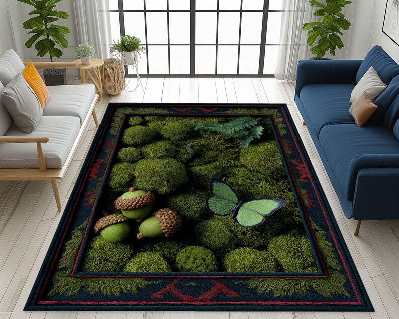 Enchanted Garden Area Rug, Cottagecore Floral Rug, Moss Green Plant ...