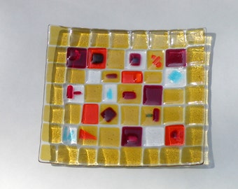 Yellow squares fused glass plate