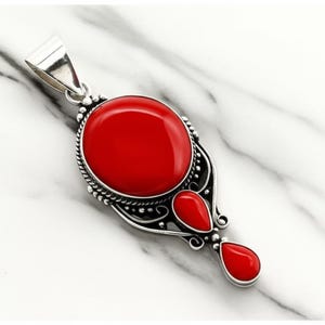 Red Coral Sterling Silver Pendant Necklace: Handmade Boho Gemstone Jewelry, Gift For Her, Annivasery Gift
