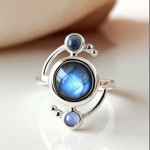 Natural Moonstone and Labradorite ring, Blue flashy two gemstone ring, Sterling silver labradorite ring, Bridesmaid gift, Gift for her