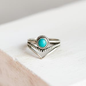 Boho Turquoise Stacking Ring Set – Sterling Silver Chevron & Rope Design – Minimalist Vintage - Adjustable Jewelry for Women