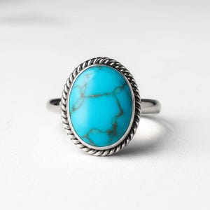 Natural Turquoise Gemstone Ring – Sterling Silver Boho Statement Jewelry, December Birthstone Gift for Women, Handmade Southwestern Style