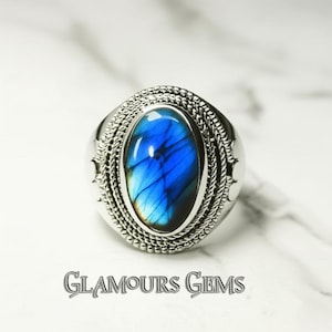 Labradorite Silver Ring | Handmade Oval Blue Gemstone Ring | Boho Vintage Style Jewelry Gift for Him & Her