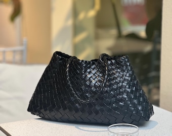Mila Black Vintage stylowa torba wykonana w 100% z prawdziwej skóry bydlęcej, ręcznie tkana, pleciona, prezent dla niej