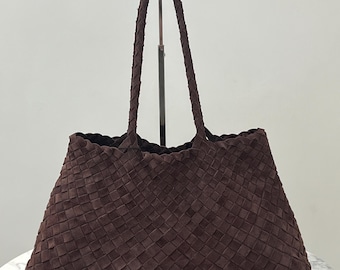 Mila Coffee suede hand-woven bag, Soft Leather bag ,leather tote bag Bohemian style,Gift for her，Gift for yourself