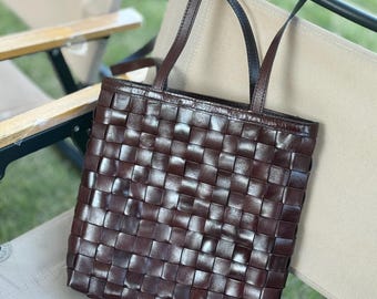 Cali Chocolate Brown long-strap genuine leather hand-woven shoulder bag