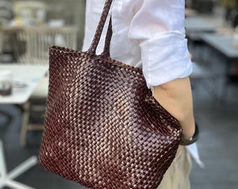Emma Coffee Vintage stylish 100% genuine French cattle leather handwoven braided tote/leather beach holiday basketry/leather daily bag
