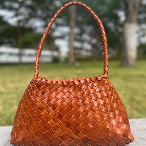 Retro handgeweven schoudertas van rundleer, zachte leren tas, cadeau voor haar