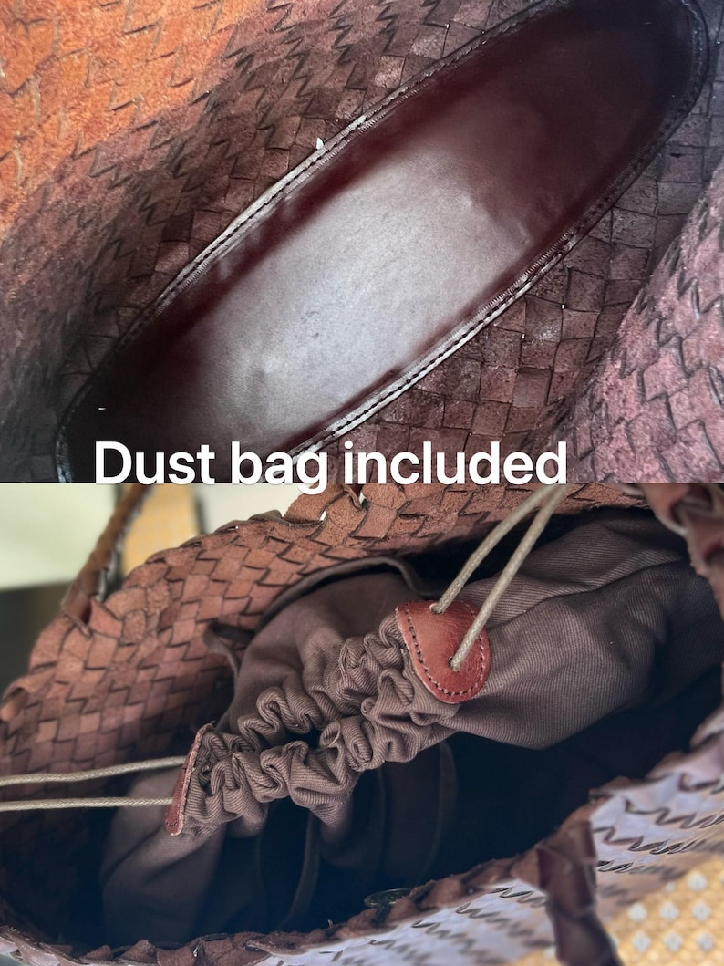 May include: Close-up of a brown woven leather tote bag. The interior features a dark brown lining and a drawstring closure. The text "Dust bag included" is visible.