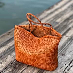 Ada Large handmade woven cowhide shoulder bag/leather woven bag/handwoven shoulder bag leather beach holiday basketry/summer style bag