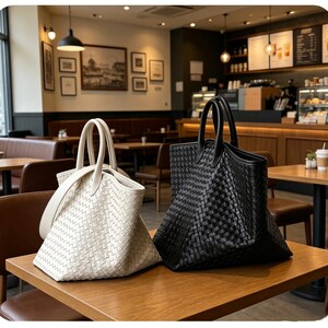 May include: Two woven leather tote bags, one cream and one black, sit on a wooden table in a cafe. The bags have double handles and a structured design. The cream bag has a shoulder strap. The background shows a coffee shop setting with tables and chairs.