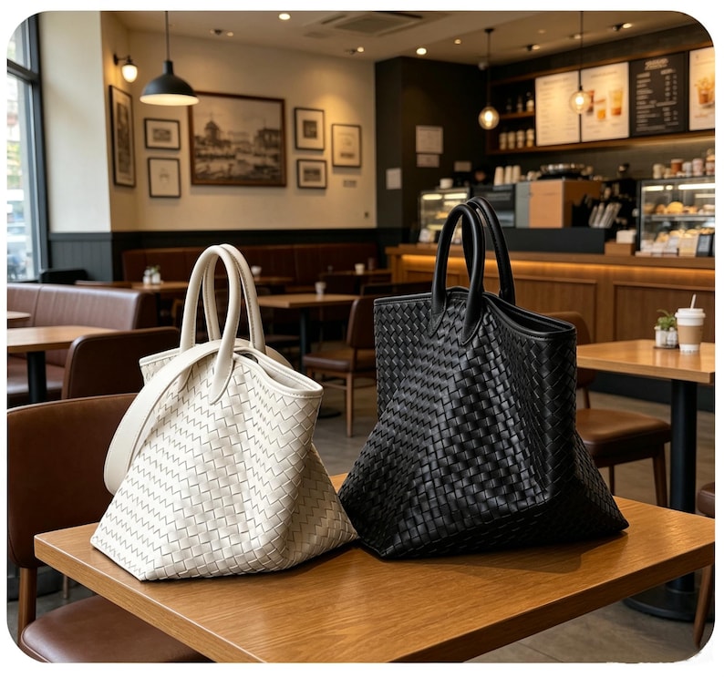 May include: Two woven leather tote bags, one cream and one black, sit on a wooden table in a cafe. The bags have double handles and a structured design. The cream bag has a shoulder strap. The background shows a coffee shop setting with tables and chairs.
