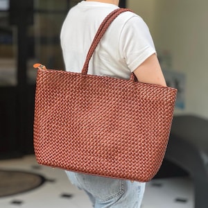 Cindy Brown Handcrafted Large Shoulder Bag woven leather tote bag handwoven braided tote/ Vintage Laptop Work Bag/Gift for her