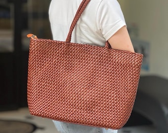 Cindy Brown Handcrafted Large Shoulder Bag woven leather tote bag leather work bag/ Vintage Laptop Work Bag/Gift for her