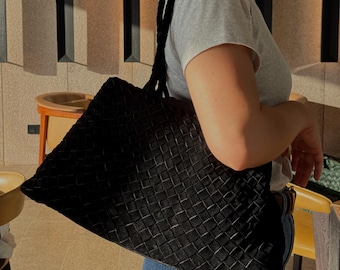 Mila Black suede hand-woven bag, Soft Leather bag ,leather tote bag Bohemian style,Gift for her,Suede tote bag