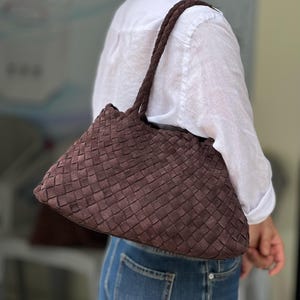 Mila Coffee suede hand-woven bag, Soft Leather bag ,leather tote bag，Gift for Wife,Gift for Mom，Mother&#39;s Day Gifts
