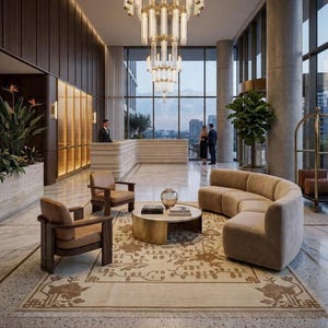 May include: A luxury hotel lobby with a grand chandelier, reception desk, and seating. The room includes a curved sofa, two armchairs, and a round coffee table on a patterned rug. Large windows provide a city view.