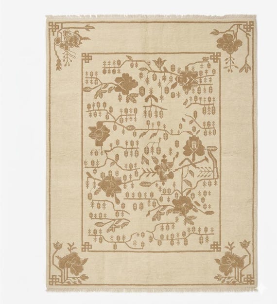 Hand-Knotted Art Deco Chinese Rug |Wool Cream & Sand Beige Carpet - Neutral Chinoiserie Floral Rug |Modern Minimalist Decor | Neutral  rug