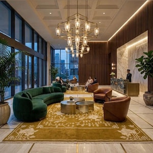 Pu&ograve; includere: Una hall di lusso con un grande divano curvo in velluto verde, poltrone in pelle marrone e un tappeto color senape con motivi floreali. Un grande lampadario pende dal soffitto ed &egrave; visibile una reception.