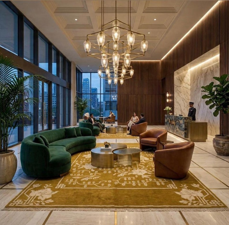 Pu&ograve; includere: Una hall di lusso con un grande divano curvo in velluto verde, poltrone in pelle marrone e un tappeto color senape con motivi floreali. Un grande lampadario pende dal soffitto ed &egrave; visibile una reception.
