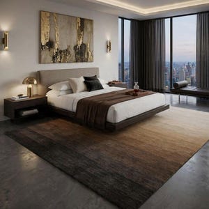 May include: A modern bedroom featuring a low-profile bed with white bedding and a brown throw blanket. A large abstract painting hangs above the bed. A large area rug with a gradient of brown and gray tones covers the floor.
