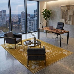 Pu&ograve; includere: Interni di un ufficio moderno con vista sulla citt&agrave;. Include una scrivania in legno, una sedia da ufficio in pelle nera e due poltrone grigie. Un tappeto giallo con un motivo floreale copre il pavimento. Le finestre offrono una vista sul paesaggio urbano.