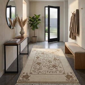 Hand-Knotted Art Deco Chinese Rug |Wool Cream & Sand Beige Carpet - Neutral Chinoiserie Floral Rug |Modern Minimalist Decor | Neutral rug image 3