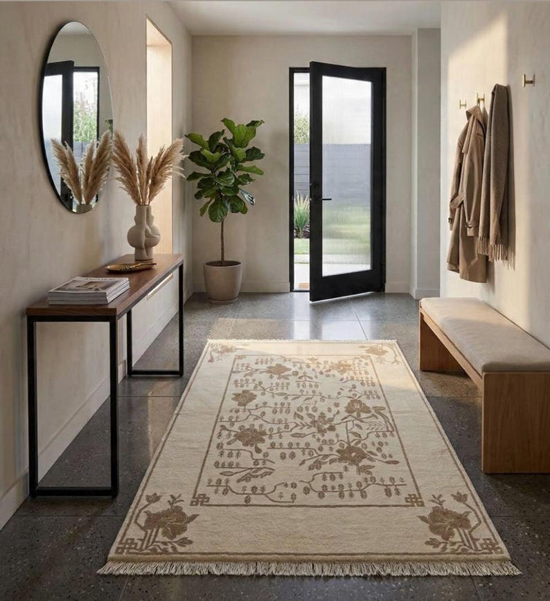Hand-Knotted Art Deco Chinese Rug |Wool Cream & Sand Beige Carpet - Neutral Chinoiserie Floral Rug |Modern Minimalist Decor | Neutral rug image 3