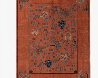 Tappeto vintage cinese Art Déco in lana annodato a mano / Ricche tonalità ruggine e oro / Squisito motivo floreale e geometrico / Tappeto orientale in stile Pechino degli anni '30