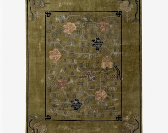 Tappeto cinese vintage Art Déco Pechino - Tappeto in lana verde muschio annodato a mano 9x12 - Grande tappeto orientale floreale - Arredamento per la casa Chinoiserie