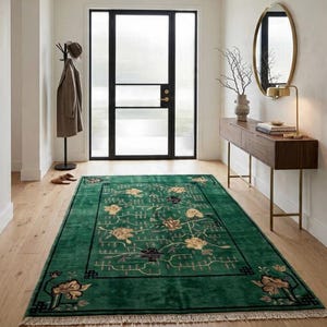 Vintage art-deco tapijt in Chinese stijl - handgeknoopte wol - smaragdgroen tapijt in Nichols-stijl met bloemen - decor chinoiserie | Gemaakt uit India afbeelding 2