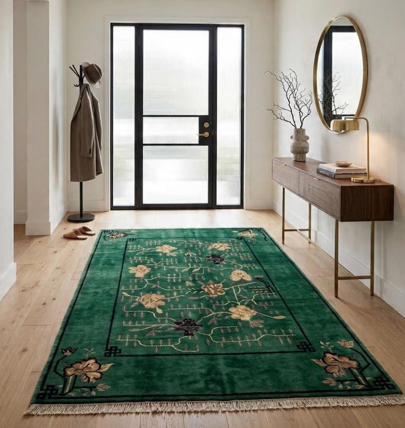 Vintage art-deco tapijt in Chinese stijl - handgeknoopte wol - smaragdgroen tapijt in Nichols-stijl met bloemen - decor chinoiserie | Gemaakt uit India afbeelding 2