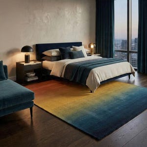 May include: A bedroom with a navy blue bed, white bedding, and teal throw. The room features an ombre rug, transitioning from orange to yellow to blue. A teal chaise lounge, nightstands, and a city view are also visible. The rug's dimensions are approximately 240cm x 300cm.