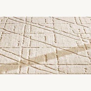 以下が含まれることがあります： 幾何学模様のベージュ色のラグ。 ラグは、交差する線と長方形の形状のデザインが施されたテクスチャ加工された表面を備えています。 ラグのニュートラルな色とパターンは、さまざまなインテリアスタイルに適しています。