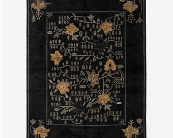 Antiek art-deco Chinees pekingtapijt - 8 x 10 handgeknoopt zwart-goud wollen tapijt - chinoiserie bloementhema middernacht - Moody Maximalist