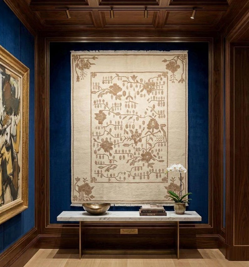 Hand-Knotted Art Deco Chinese Rug |Wool Cream & Sand Beige Carpet - Neutral Chinoiserie Floral Rug |Modern Minimalist Decor | Neutral rug image 6