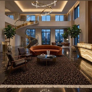 May include: A luxurious lobby featuring a gold spiral staircase, a rust-coloured curved sofa, and a patterned rug. The room has large windows with a city view, a modern chandelier, and potted plants. The reception desk has a unique, illuminated design.