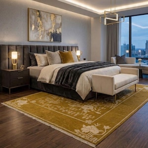 Pu&ograve; includere: Una lussuosa camera da letto con un letto grande, una testiera grigio scuro e una coperta grigia. Un tappeto color senape con un motivo floreale &egrave; posato sul pavimento in legno scuro. Una panca &egrave; ai piedi del letto e un dipinto &egrave; appeso sopra.