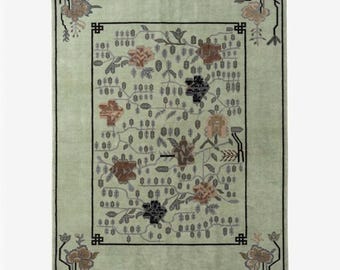 Tappeto vintage cinese Art Déco annodato a mano – 8x10 in lana verde menta – Tappeto con motivi floreali e traforati esotici