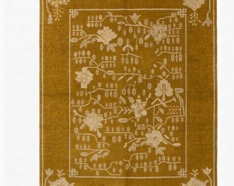Vintage art-deco Chinees handgeknoopt wollen vloerkleed - okergoud en crème bloemen (8 x 10)