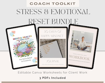 Stress & Emotional Reset Coach Toolkit | Editable Canva Worksheets for Life Coaches And Therapists | Client Mental Health Workbook Bundle