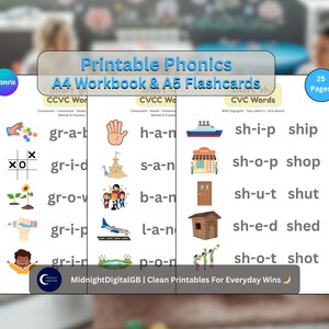 Könnte beinhalten: Druckbare Phonics A4-Arbeitsmappe und A5-Karteikarten mit farbenfrohen Illustrationen und CVC-, CCVC- und CVCC-Wörtern. Das Lehrmaterial umfasst 25 Seiten mit Lernressourcen für Kinder.